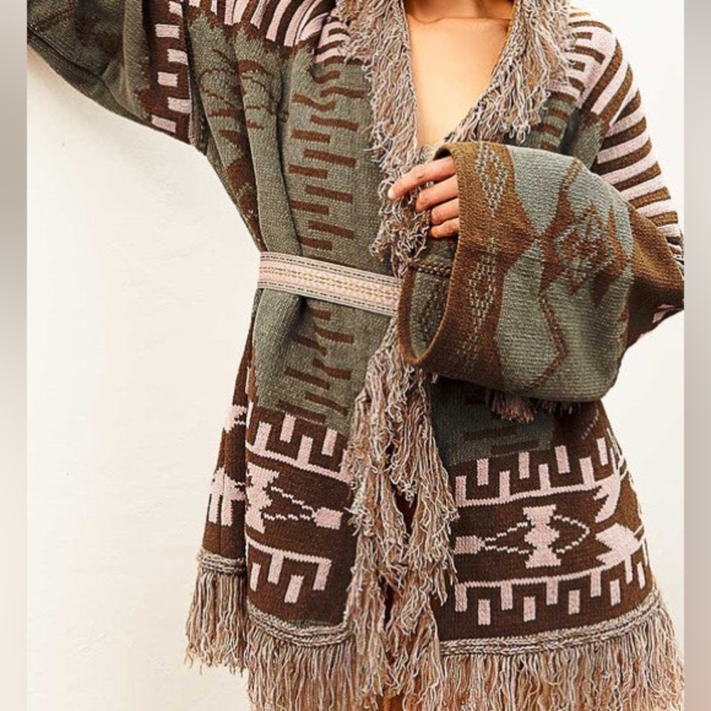 105. POL fringe cardigan olive green Aztec chenille tribal cardigan sweater